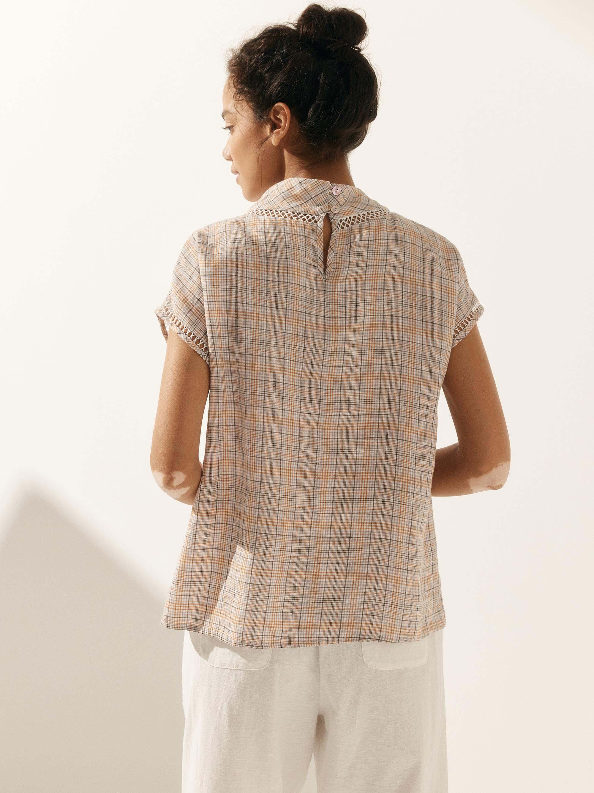 100% Linen Gingham Checked Cutout Turtleneck Top - TOPS-Linen Blouses