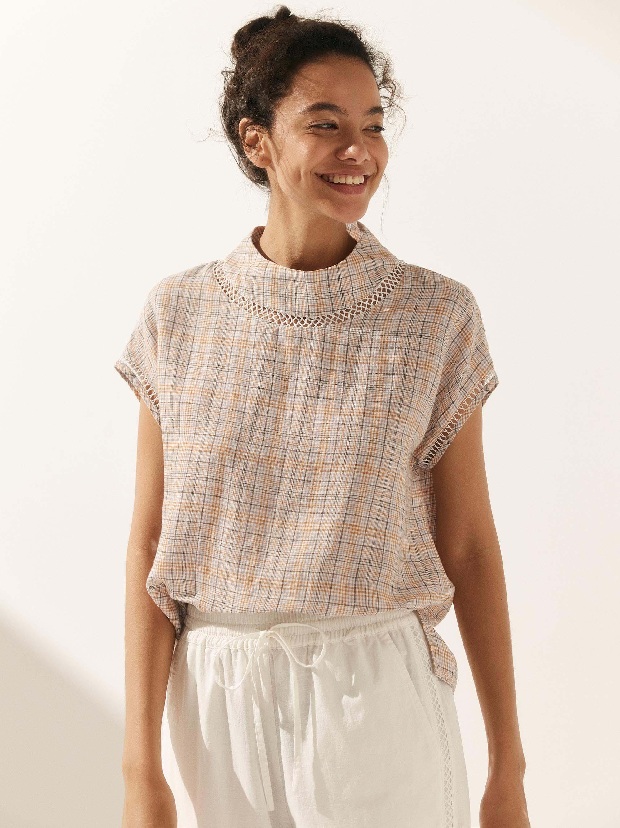 100% Linen Gingham Checked Cutout Turtleneck Top - TOPS-Linen Blouses