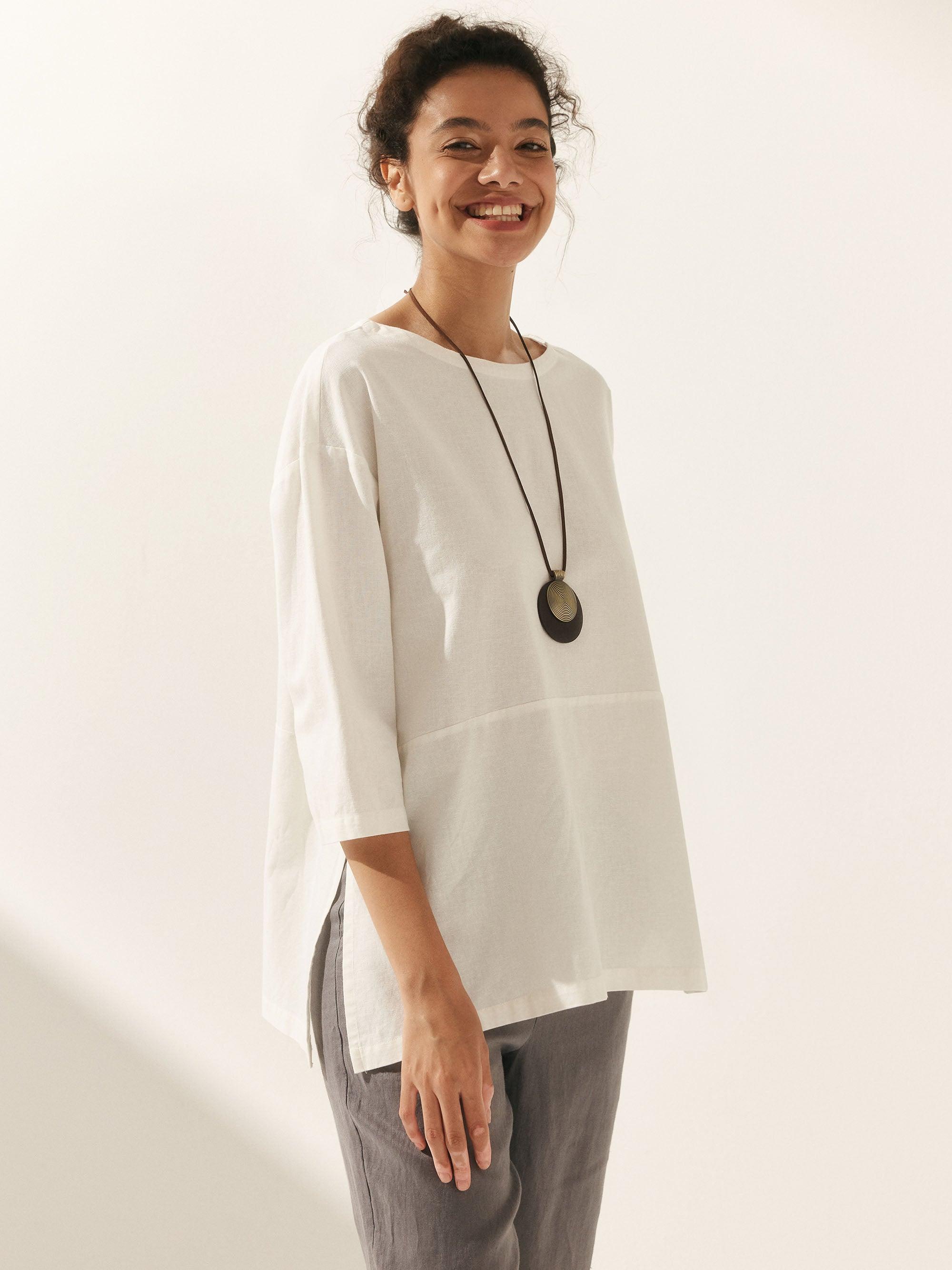 Linen White Boat Neck Oversized Top AVA - TOPS-Linen Blouses