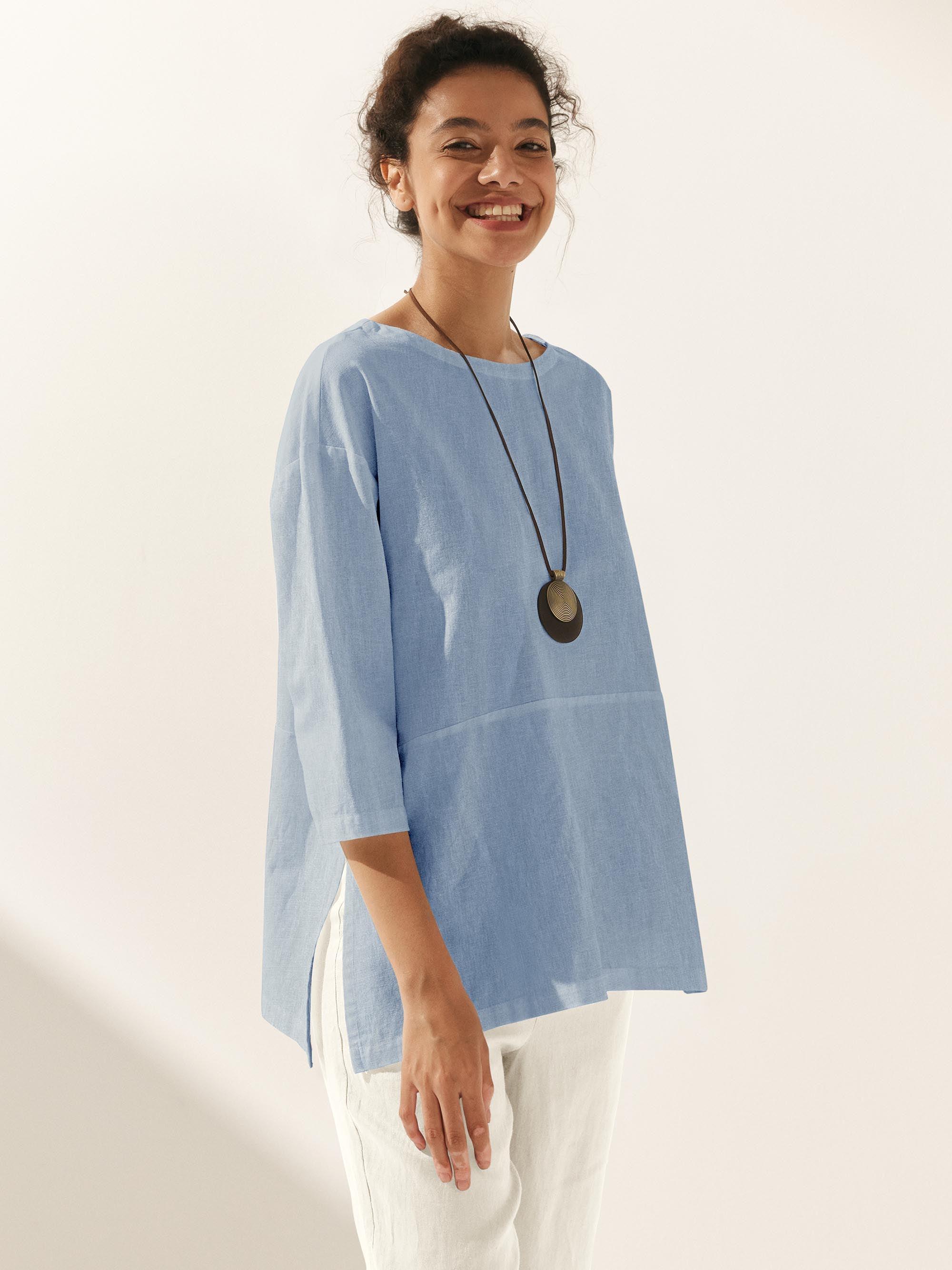 Linen White Boat Neck Oversized Top AVA - Sky Blue / S - TOPS-Linen Blouses
