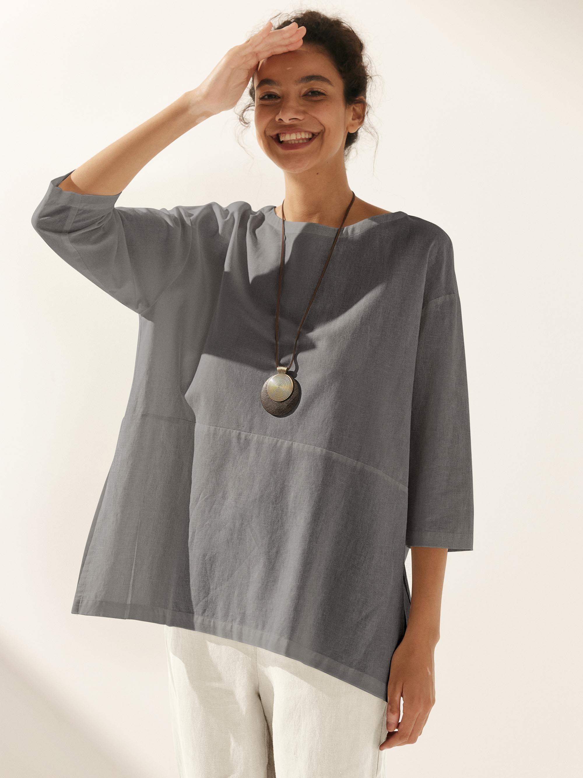 Linen White Boat Neck Oversized Top AVA - Neutral Grey / S - TOPS-Linen Blouses