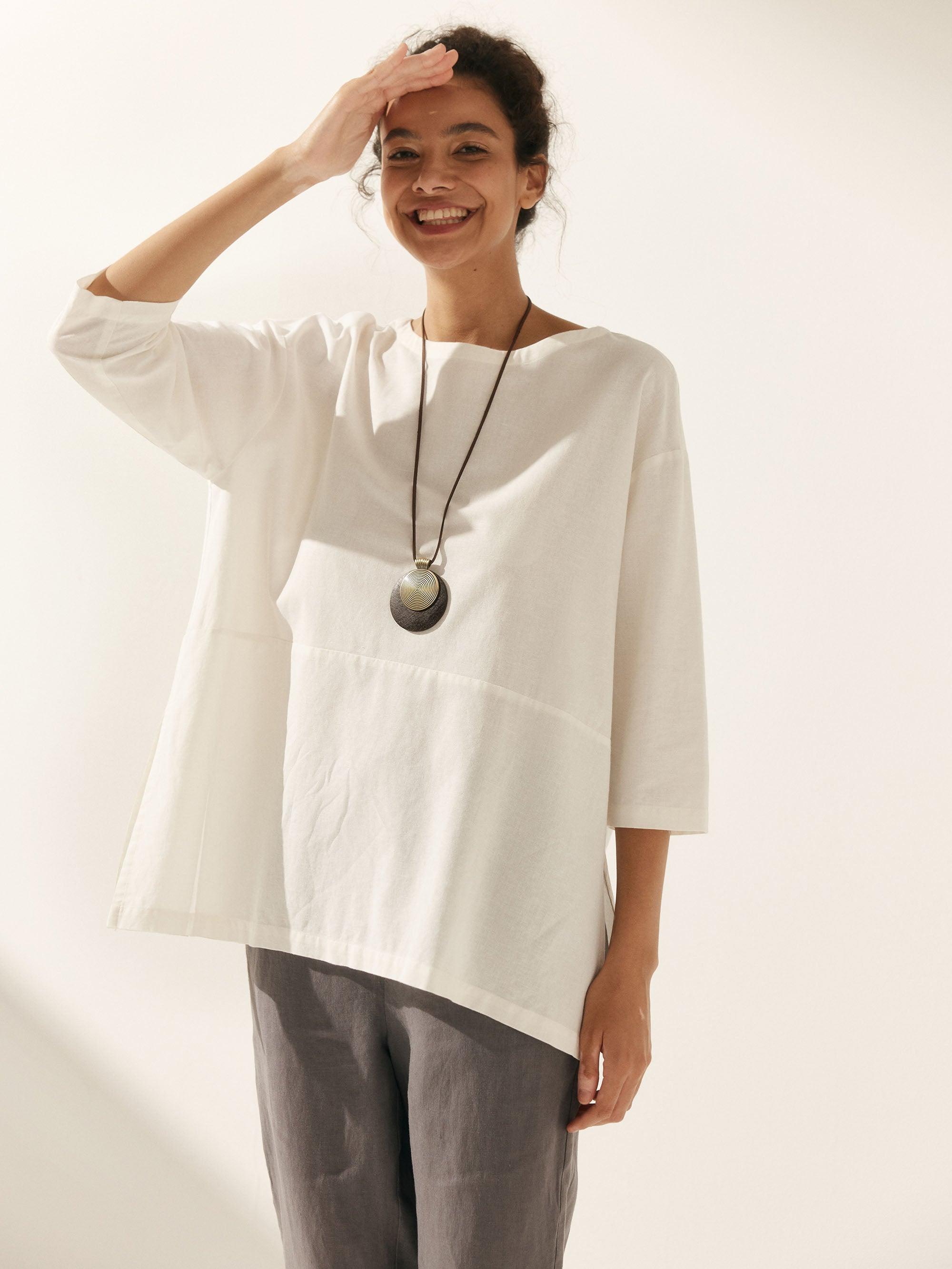 Linen Boat Neck Top with Wide Sleeves | Women's Fashion