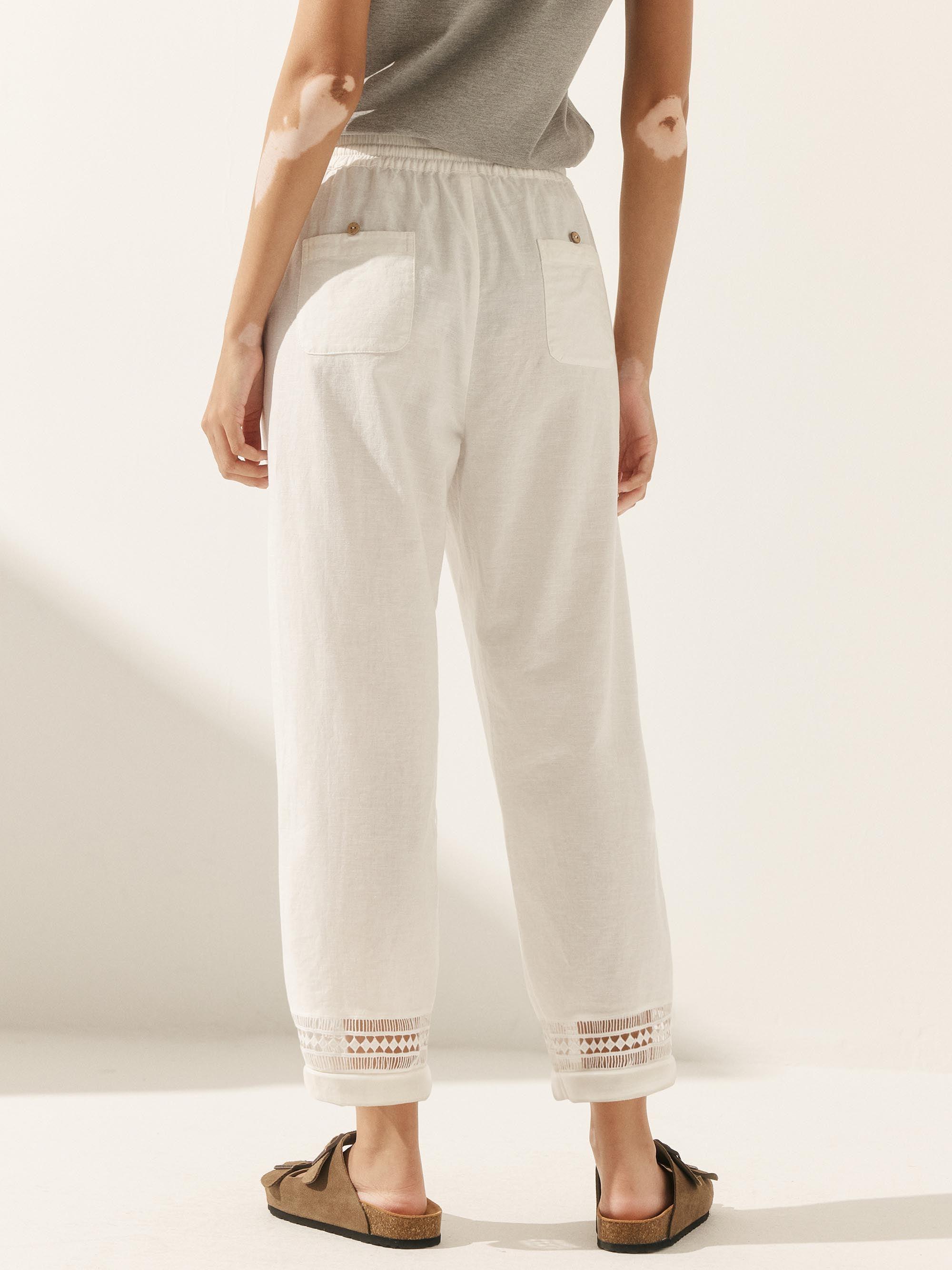 Linen Hollow Lace Stitching Elastic Waist Ankle Length Pants - BOTTOMS-Linen