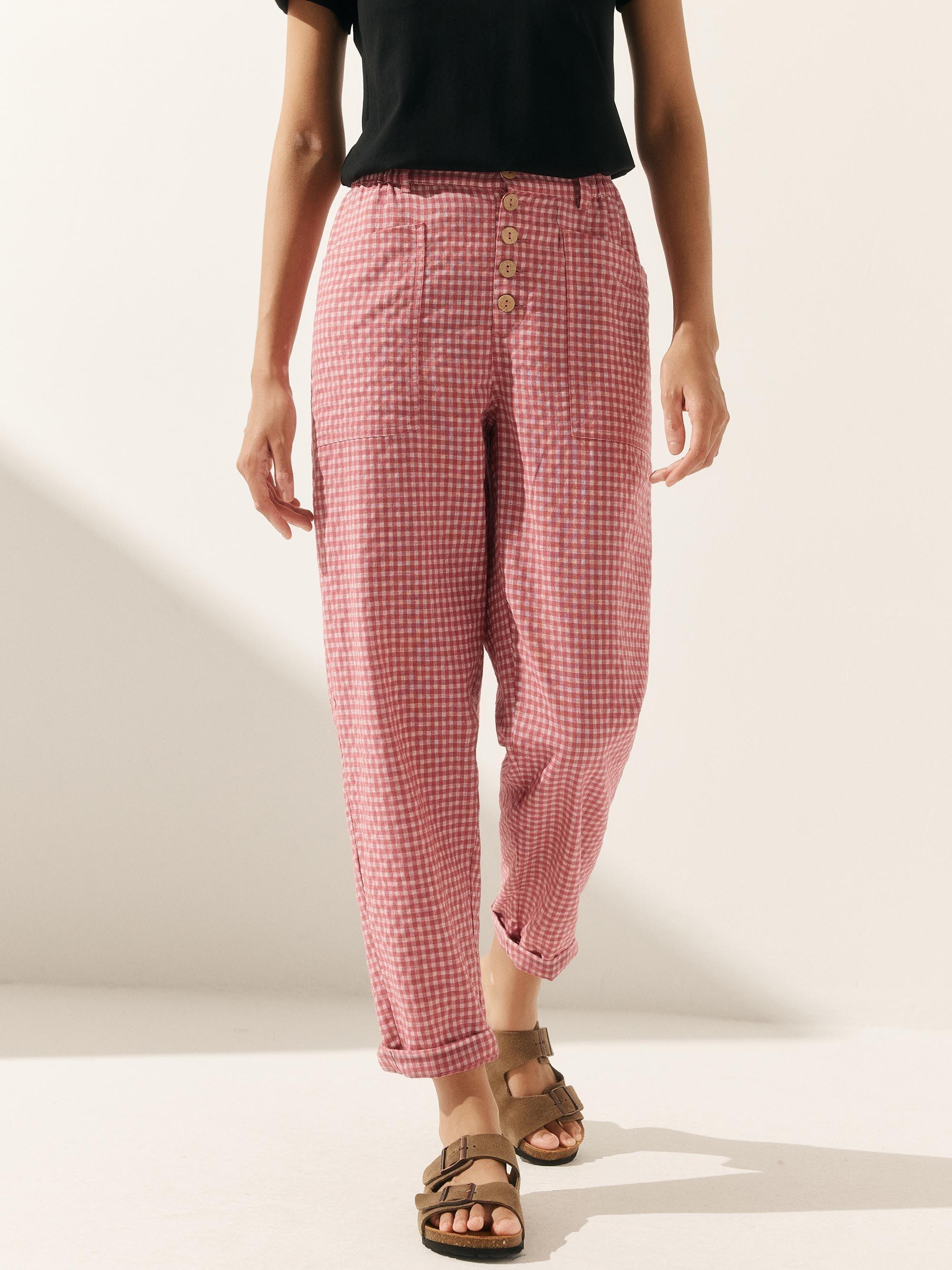 HEIDI Linen Simple Button Fly Trousers - Blush Check / XS - BOTTOMS-Linen Pants