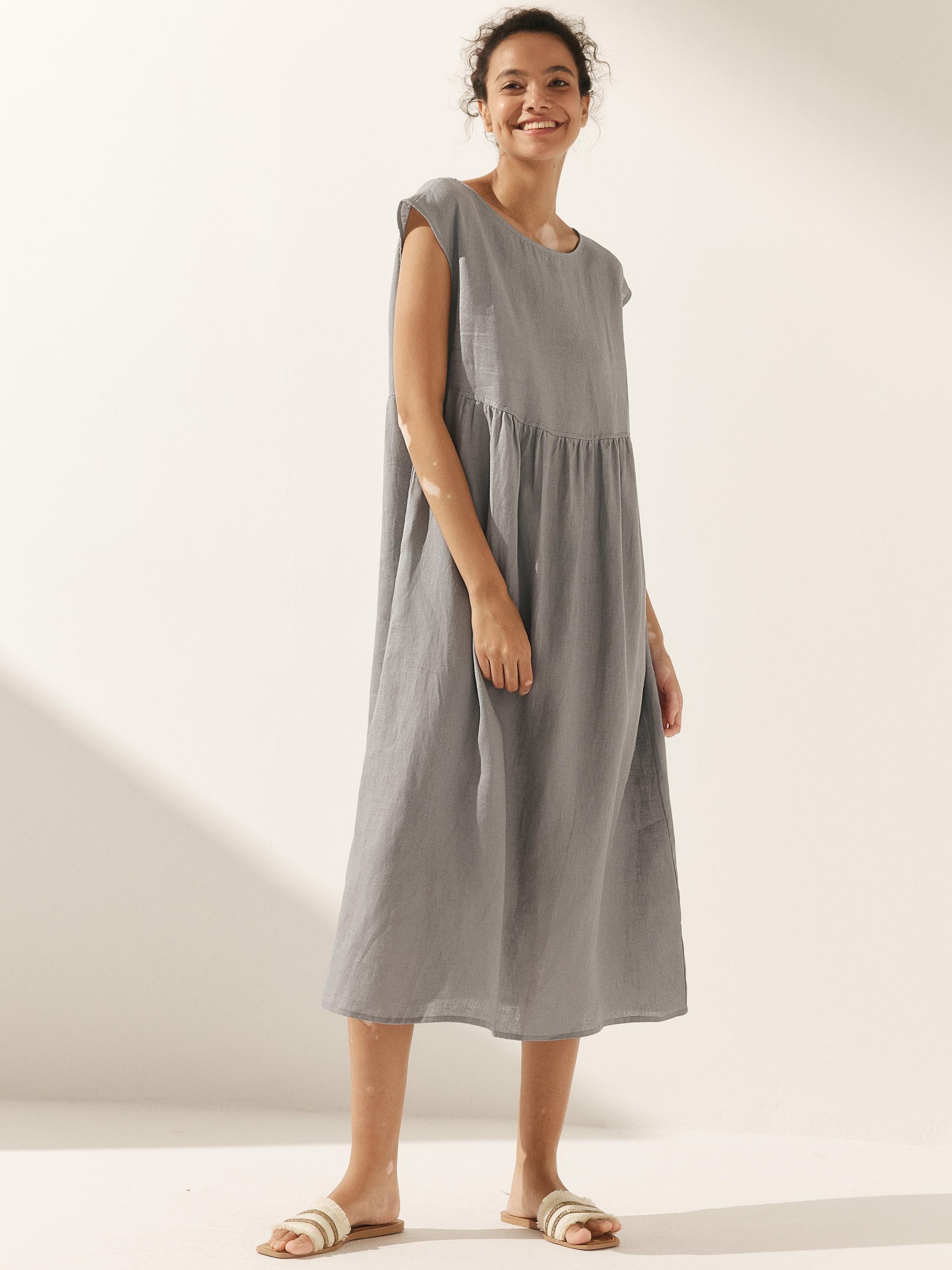100% Linen Cap Sleeve Washed Maxi Dress JOAN - DRESSES-Linen