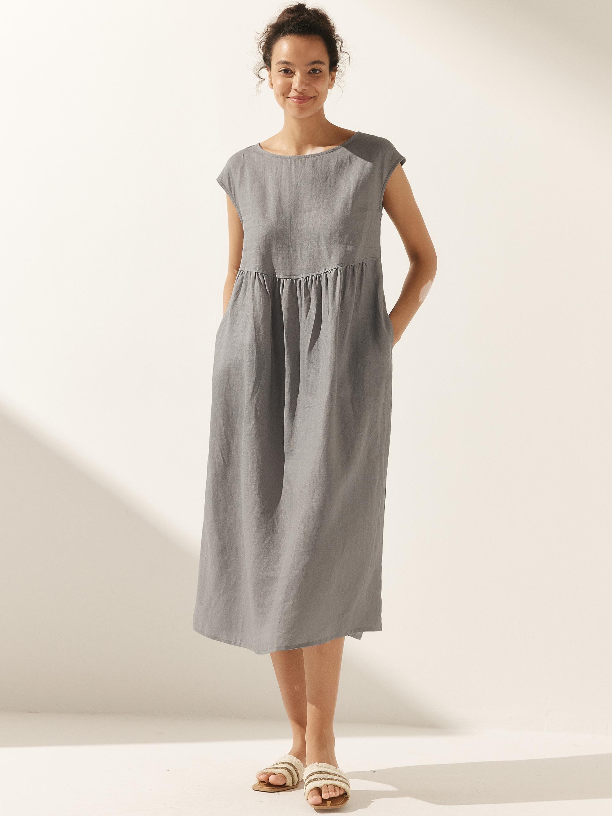 100% Linen Cap Sleeve Washed Maxi Dress JOAN - Cloud Grey / XS - DRESSES-Linen