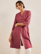 100% Linen Hand Button Long Top DILLON - Rosewood / S - TOPS-Linen Down Shirts