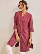 100% Linen Hand Button Long Top DILLON - Rosewood / S - TOPS-Linen Down Shirts