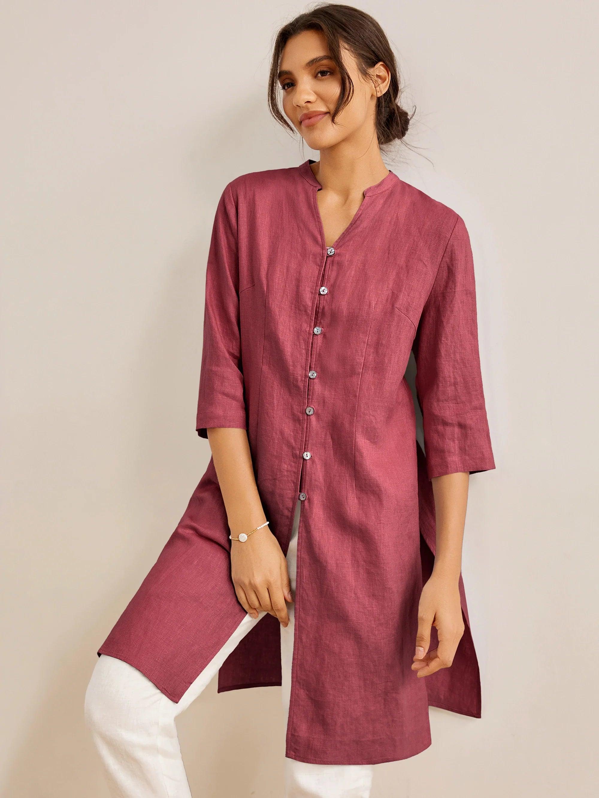 100% Linen Hand Button Long Top DILLON - TOPS-Linen Down Shirts