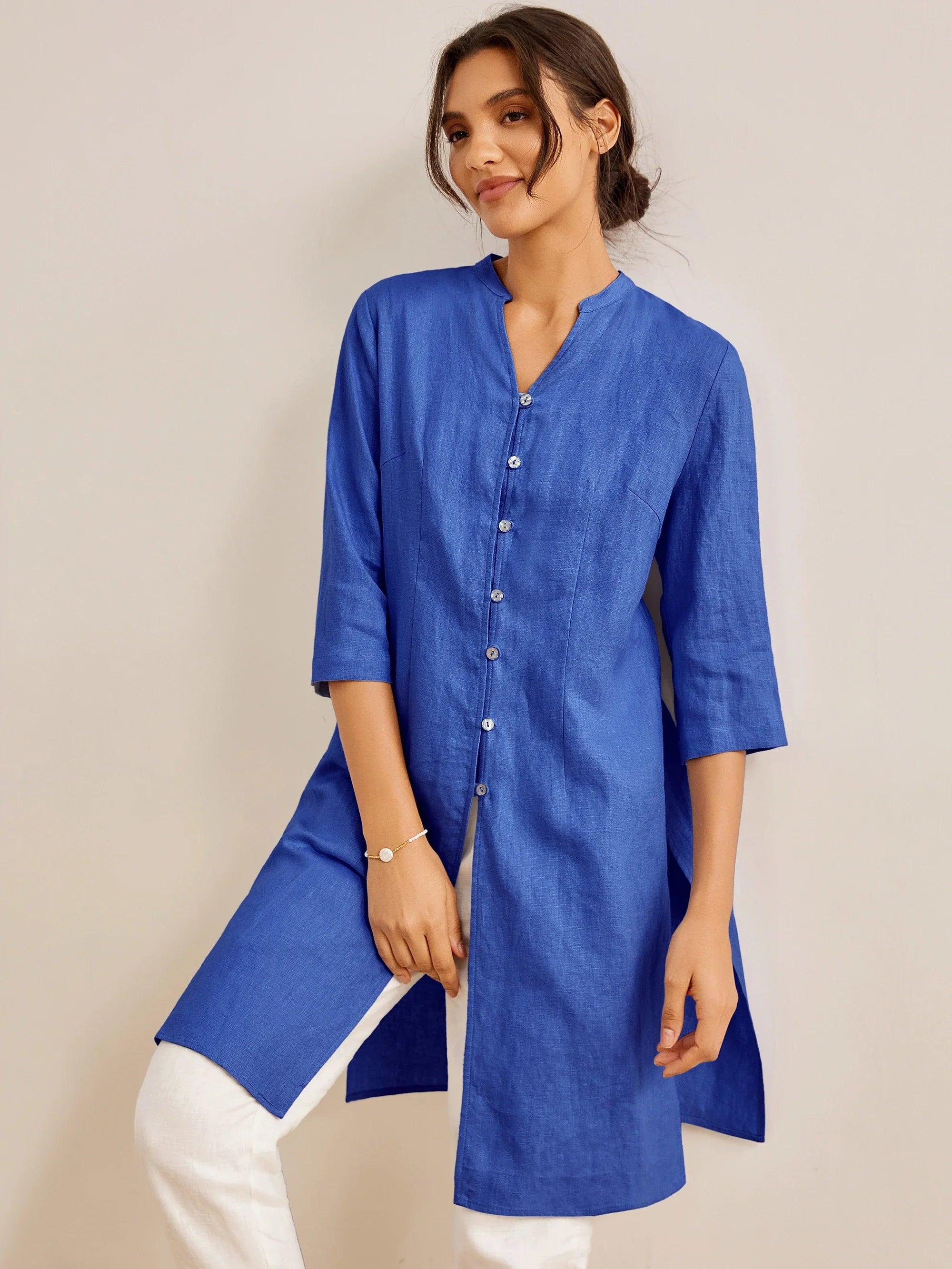 100% Linen Hand Button Long Top DILLON - Royal Blue / S - TOPS-Linen Down Shirts