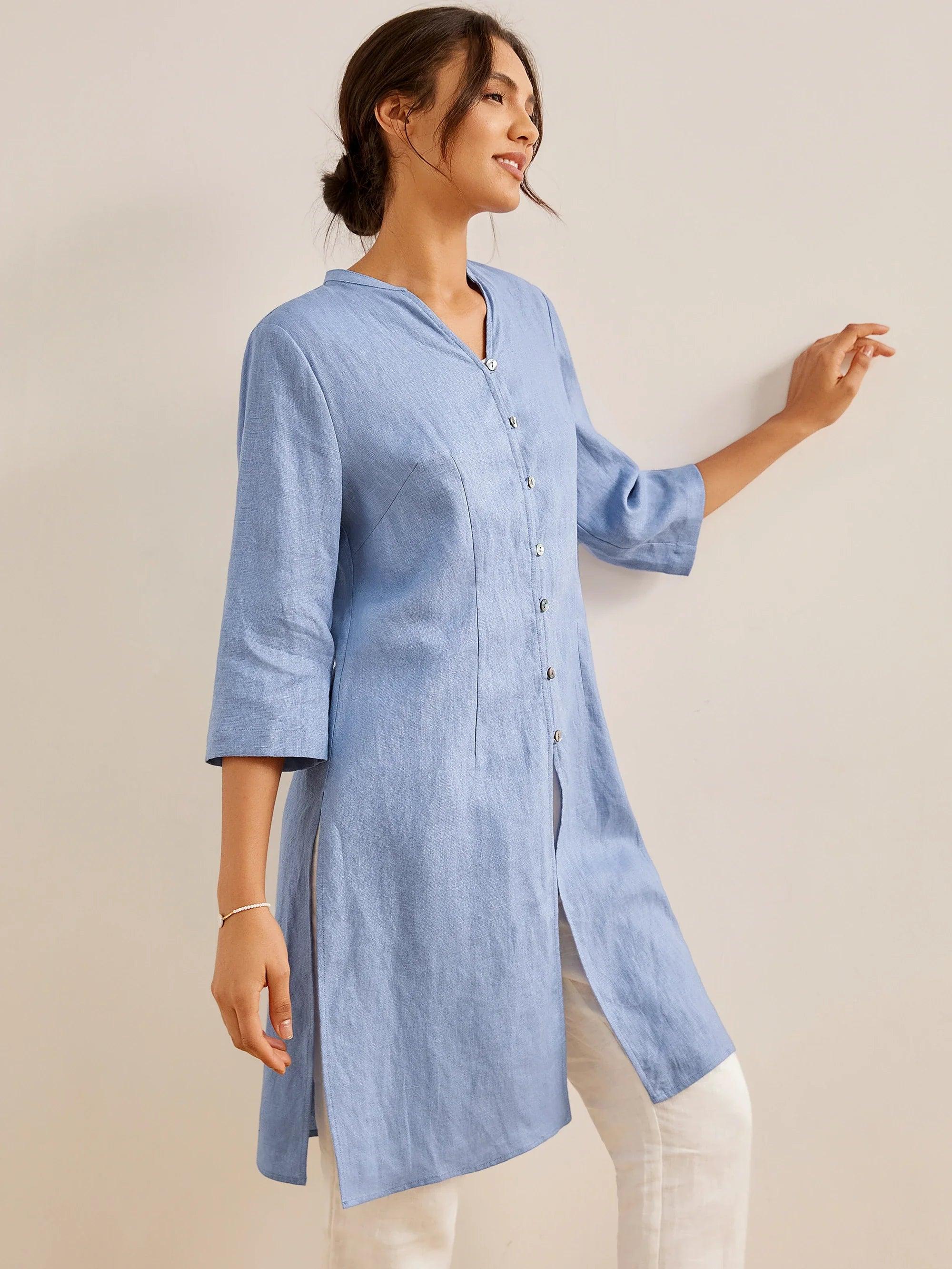 100% Linen Hand Button Long Top DILLON - Powder Blue / S - TOPS-Linen Down Shirts