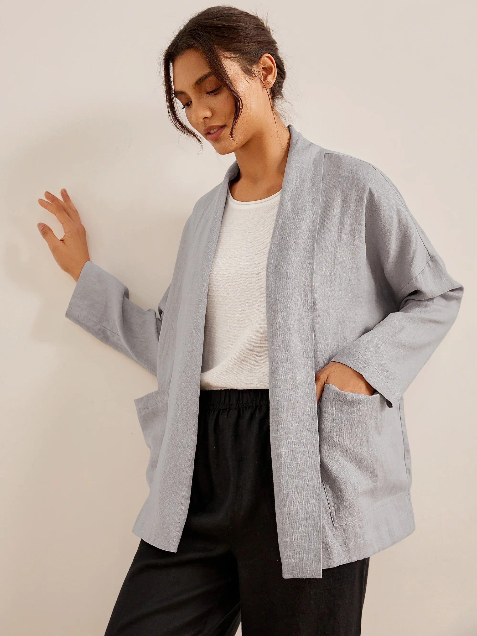 100% Linen Kimono Jacket with Belt ELLA - TOPS-Linen Jackets