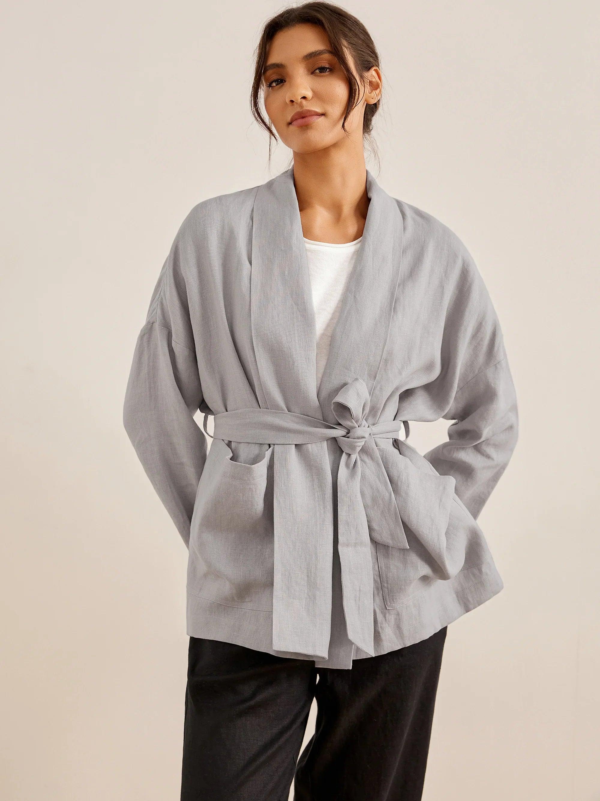 100% Linen Kimono Jacket with Belt ELLA - Cloud Grey / S - TOPS-Linen Jackets