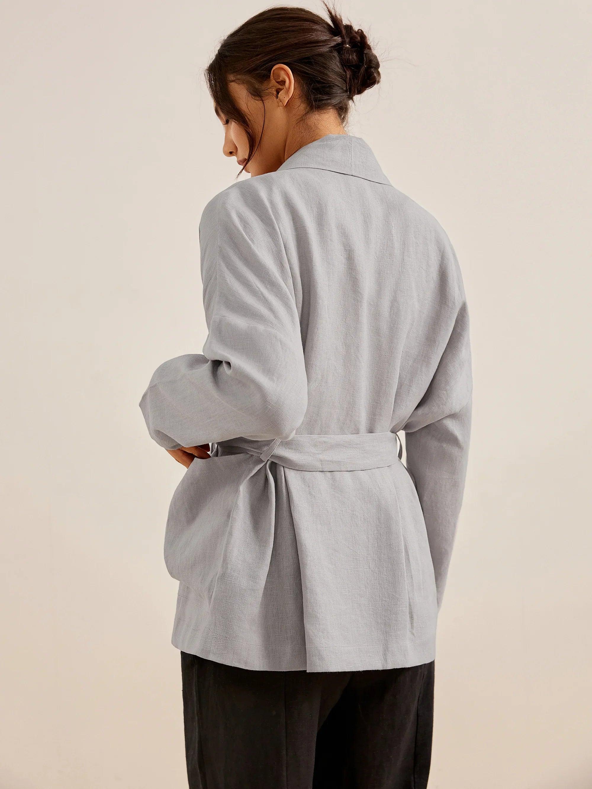 100% Linen Kimono Jacket with Belt ELLA - TOPS-Linen Jackets