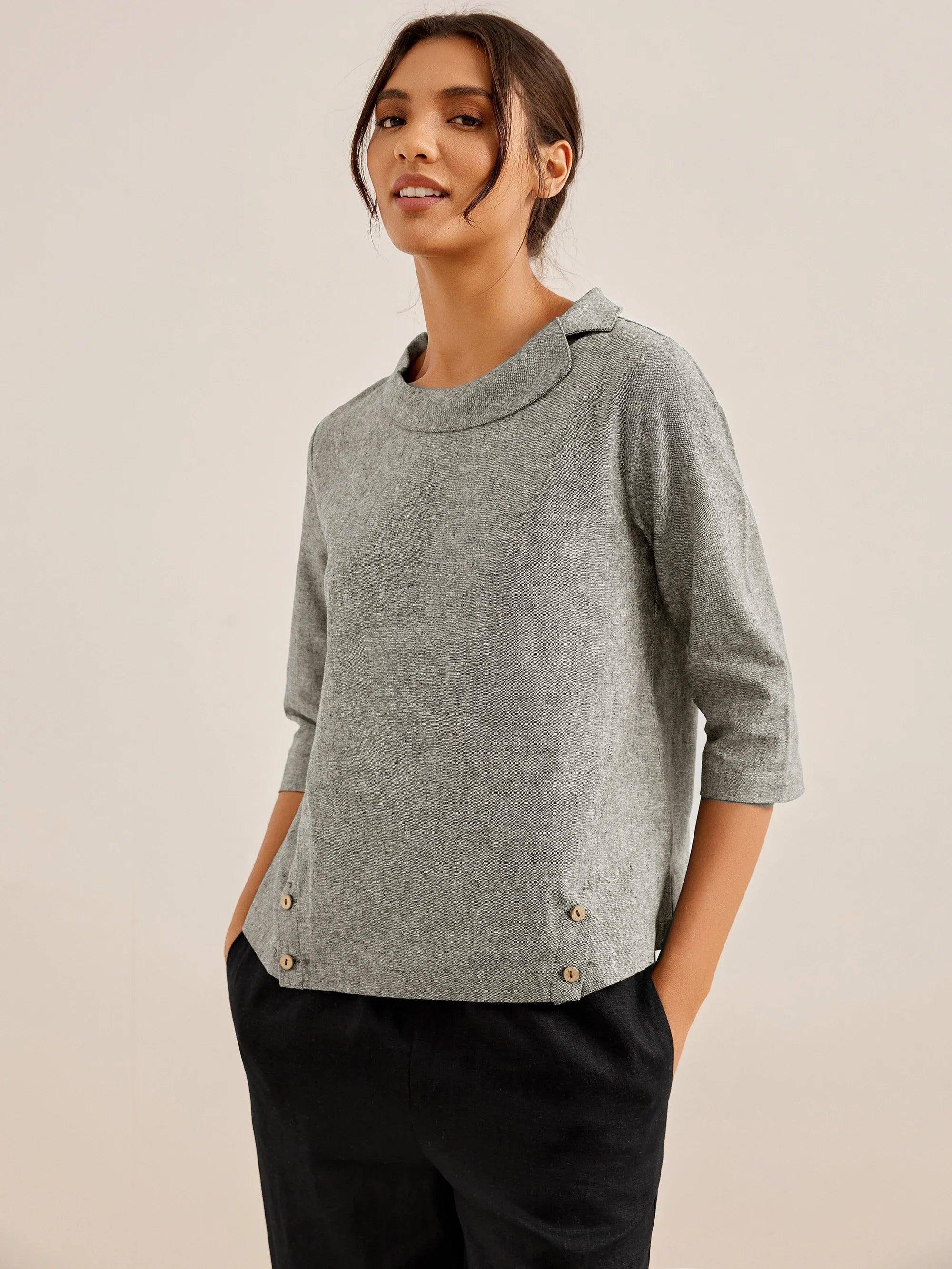 LINEN ROUND SOFT-FOLD COLLAR TOP ANAIS - Neutral Grey / S - TOPS-Linen Blouses