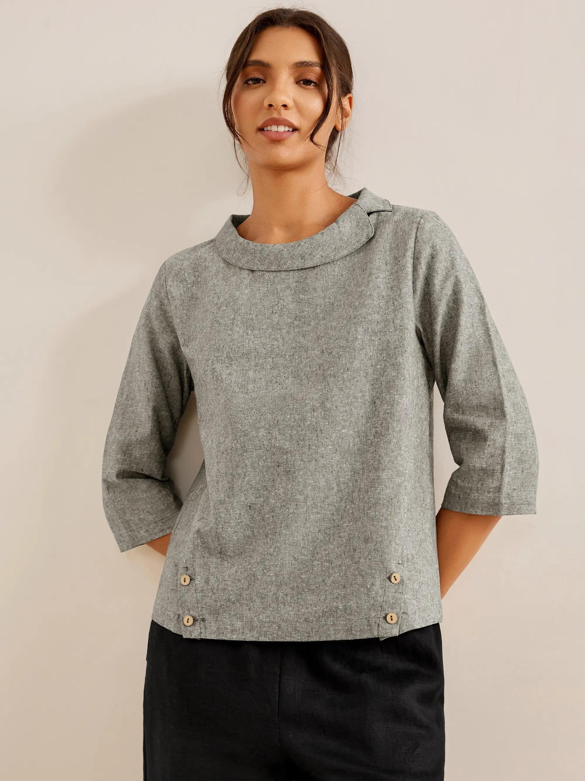 LINEN ROUND SOFT-FOLD COLLAR TOP ANAIS - TOPS-Linen Blouses