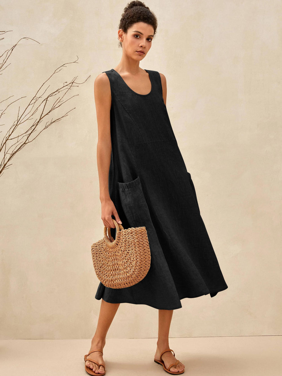 100% Linen Rolled Collar Asymmetric Button Midi Dress ELARAINE