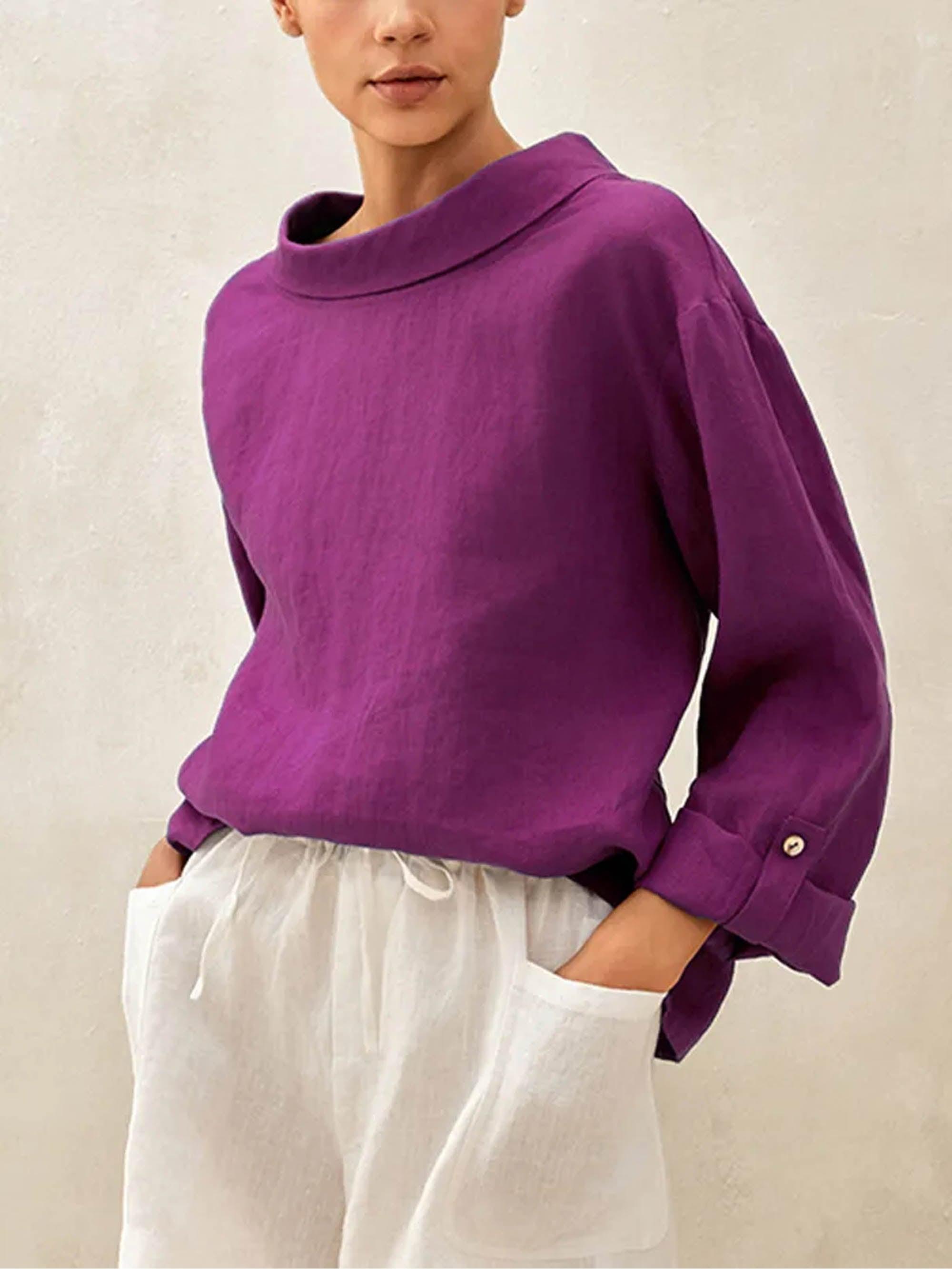 100% Linen Draped Neck Top HOLLIS - TOPS-Linen Blouses
