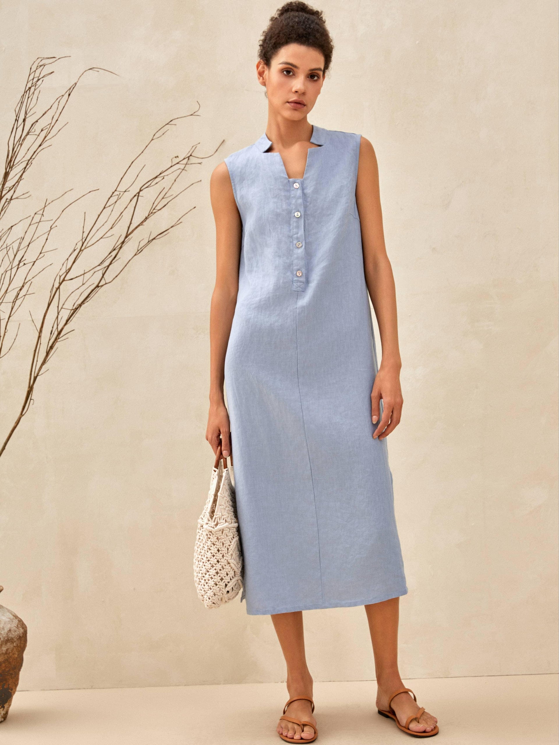 100% Linen Sleeveless Straight High Slit Maxi Dress Taylor, Light Blue / M