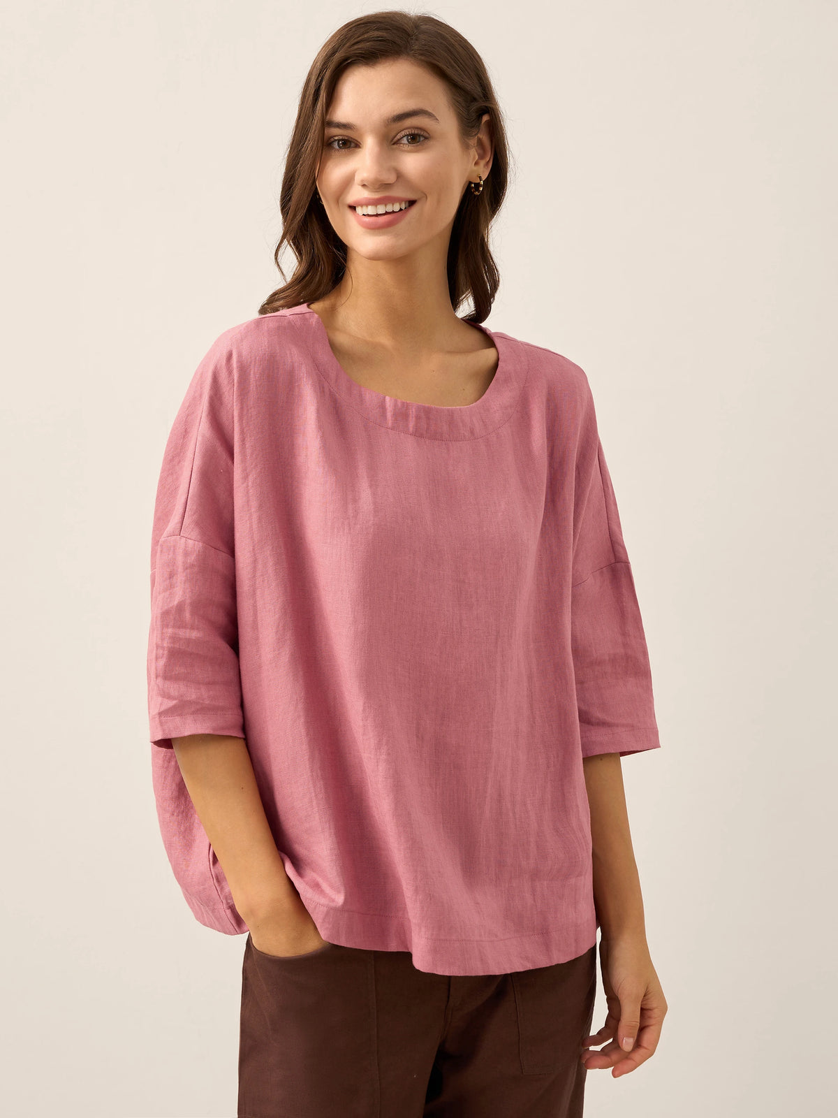 100% Linen Boatneck 3/4 Length Sleeve Top AURORA by LINTICO for women
