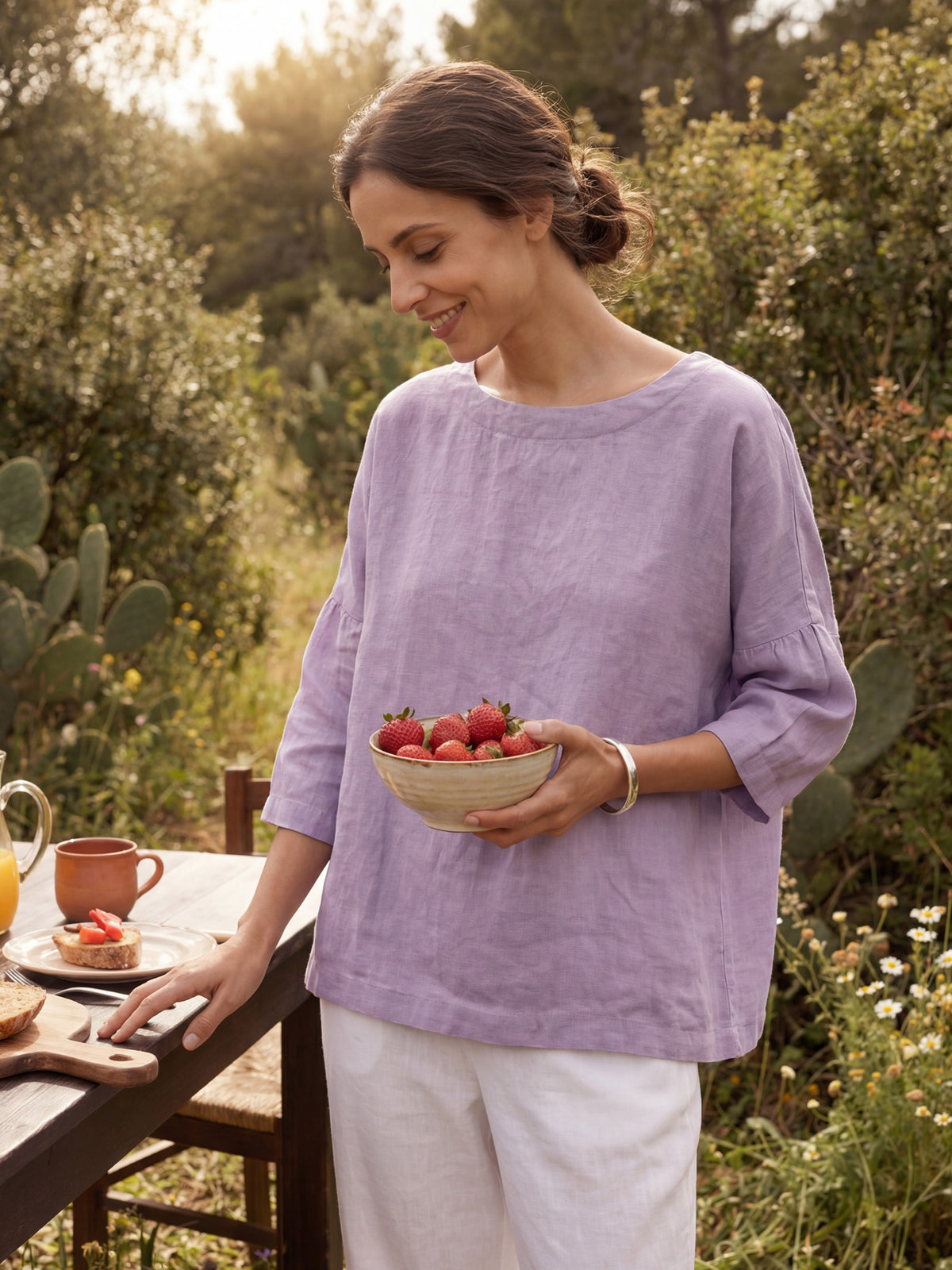 100% Linen Boatneck 3/4 Length Sleeve Top AURORA by LINTICO for women