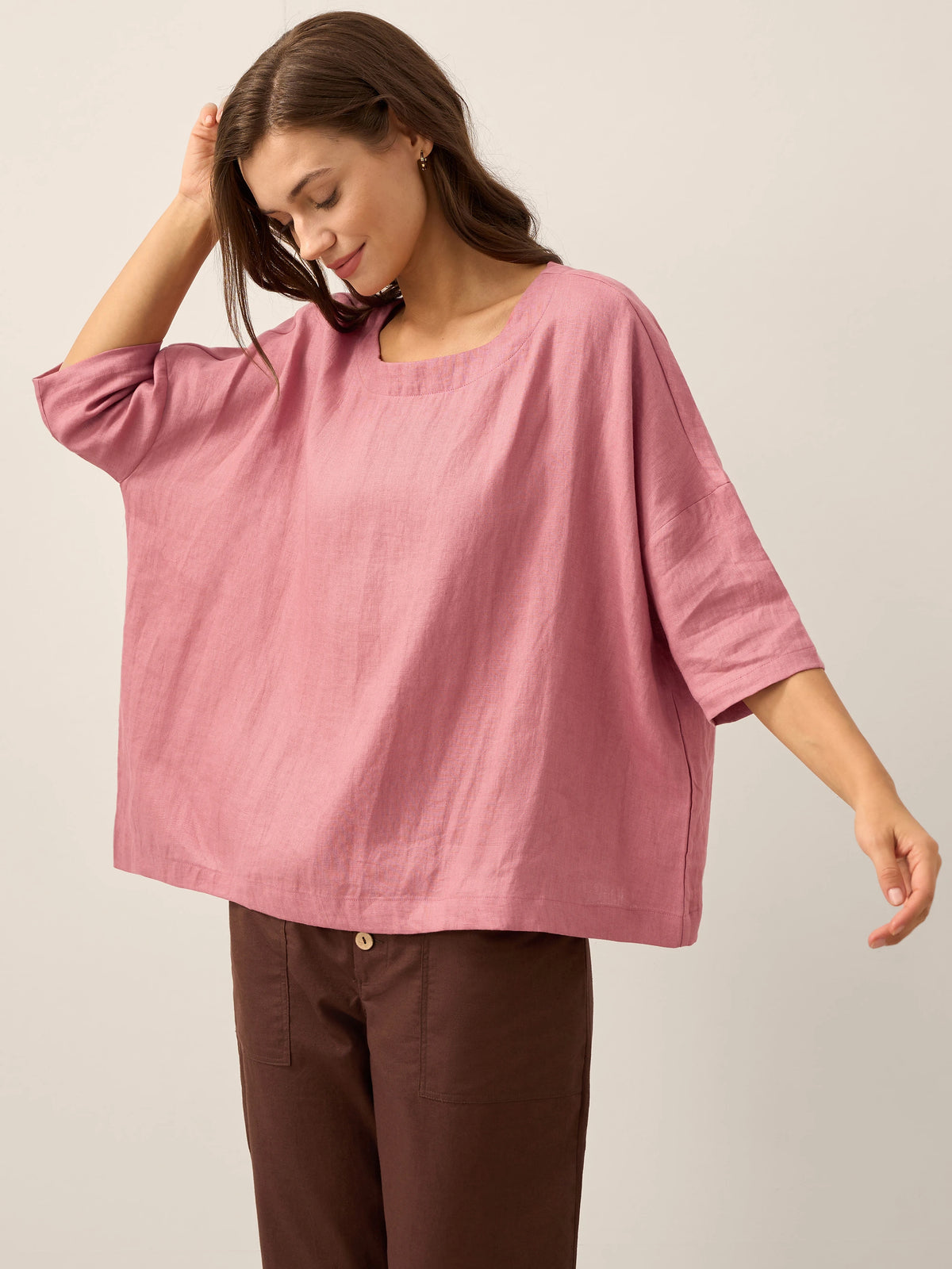 100% Linen Boatneck 3/4 Length Sleeve Top AURORA by LINTICO for women