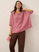 100% Linen Boatneck 3/4 Length Sleeve Top AURORA by LINTICO for women