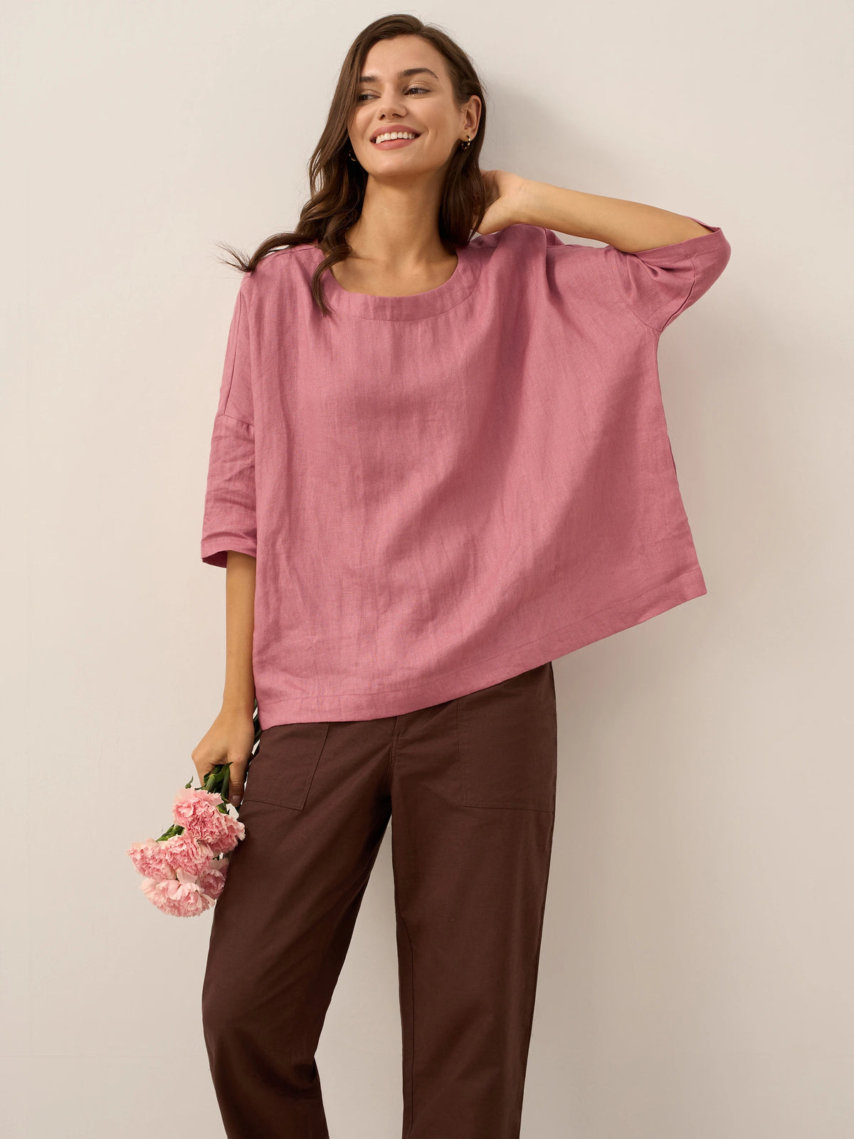 100% Linen Boatneck 3/4 Length Sleeve Top AURORA by LINTICO for women