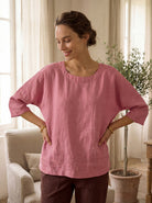 100% Linen Boatneck 3/4 Length Sleeve Top AURORA by LINTICO for women
