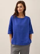 100% Linen Boatneck 3/4 Length Sleeve Top AURORA by LINTICO for women
