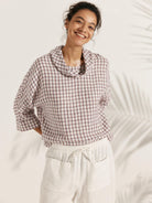 Linen-Cotton Dropped Collar Long-Sleeve Top TRISTAN - Highland Plaid / S - TOPS-Linen Blouses