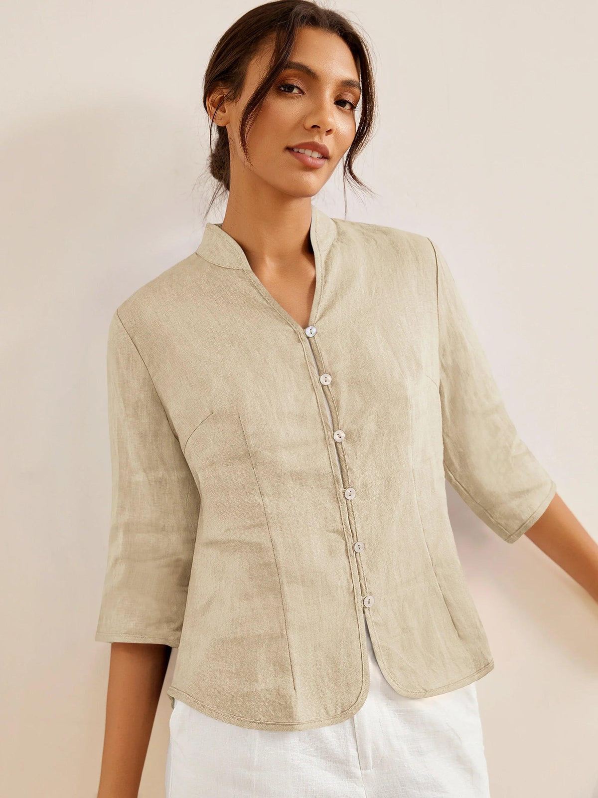 Veste cintrée 100 % lin à boutons main AMELIA - Kaki / S - Hauts-Vestes en lin