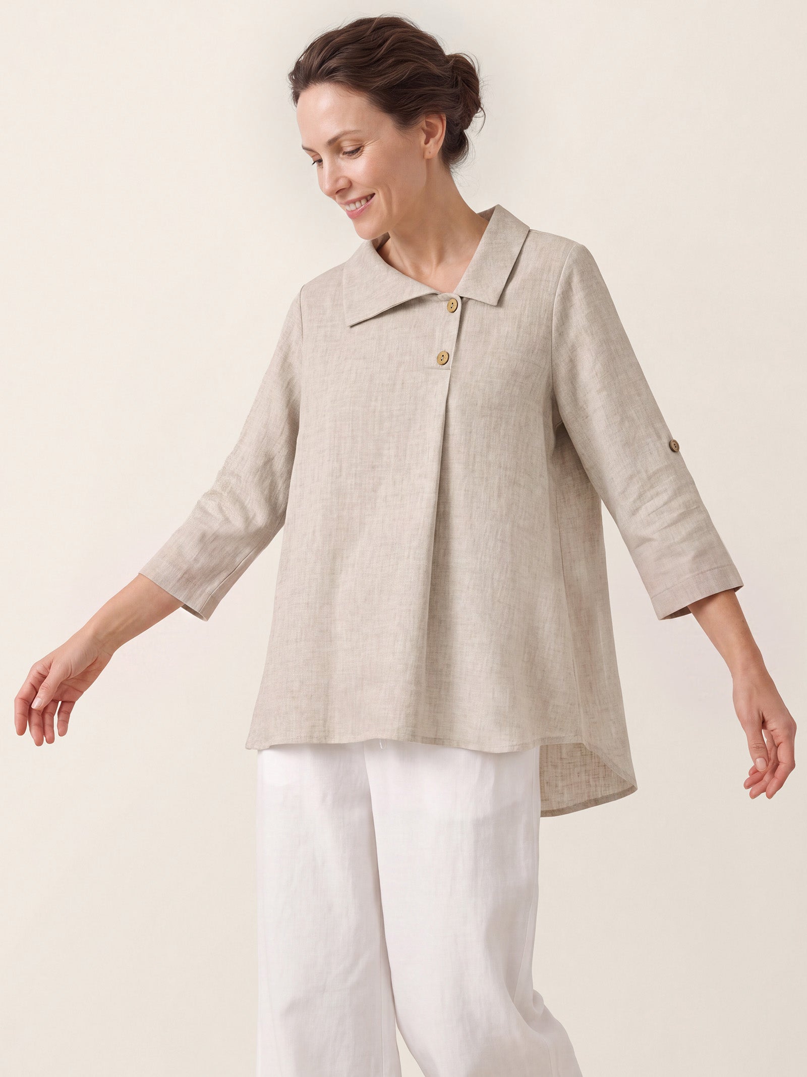 100% Linen Asymmetric Button Placket Shirt CLARISSA by LINTICO