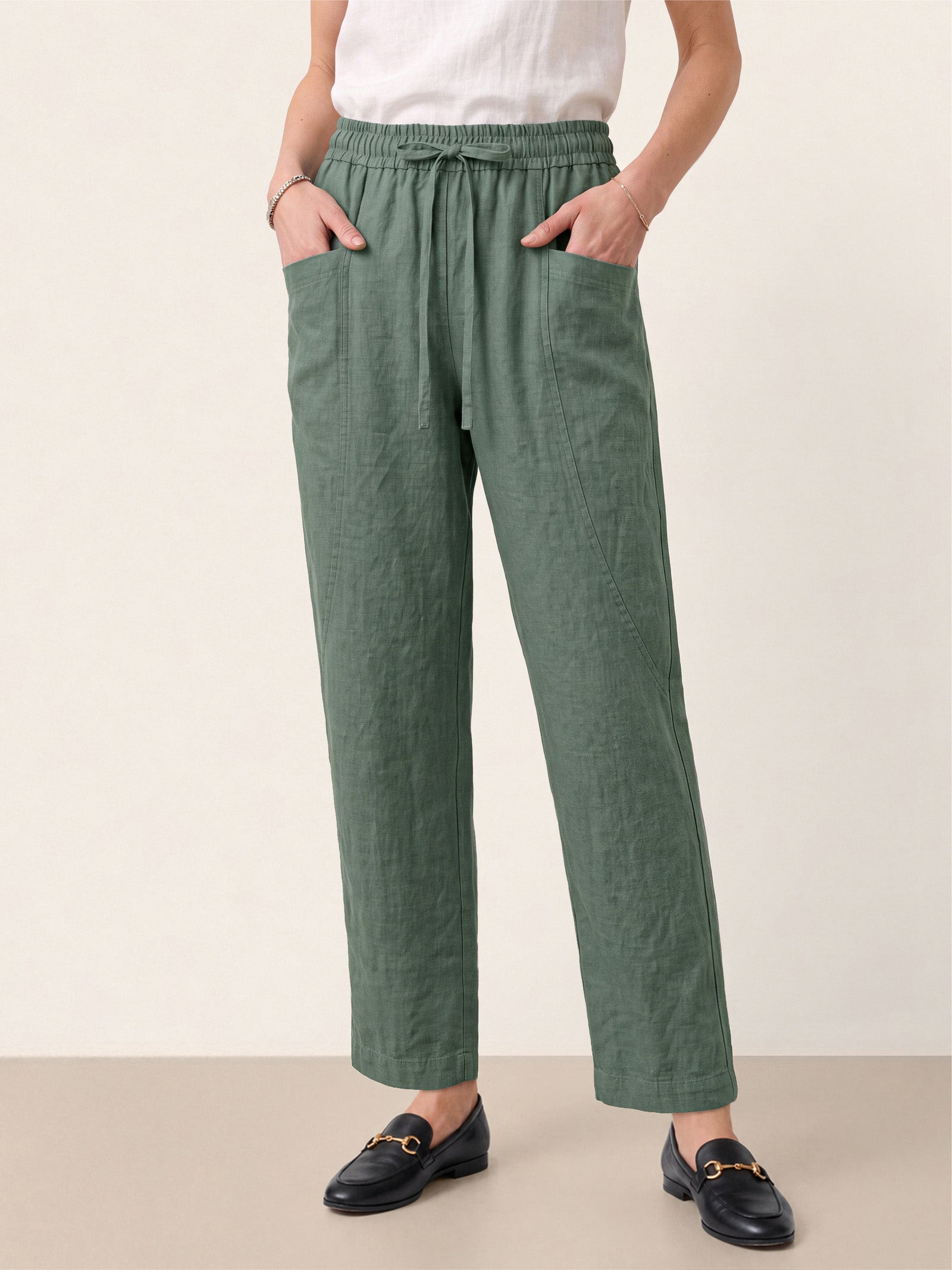 Green 100% Linen Drawstring Utility Ankle Pants AMELINE by LINTICO