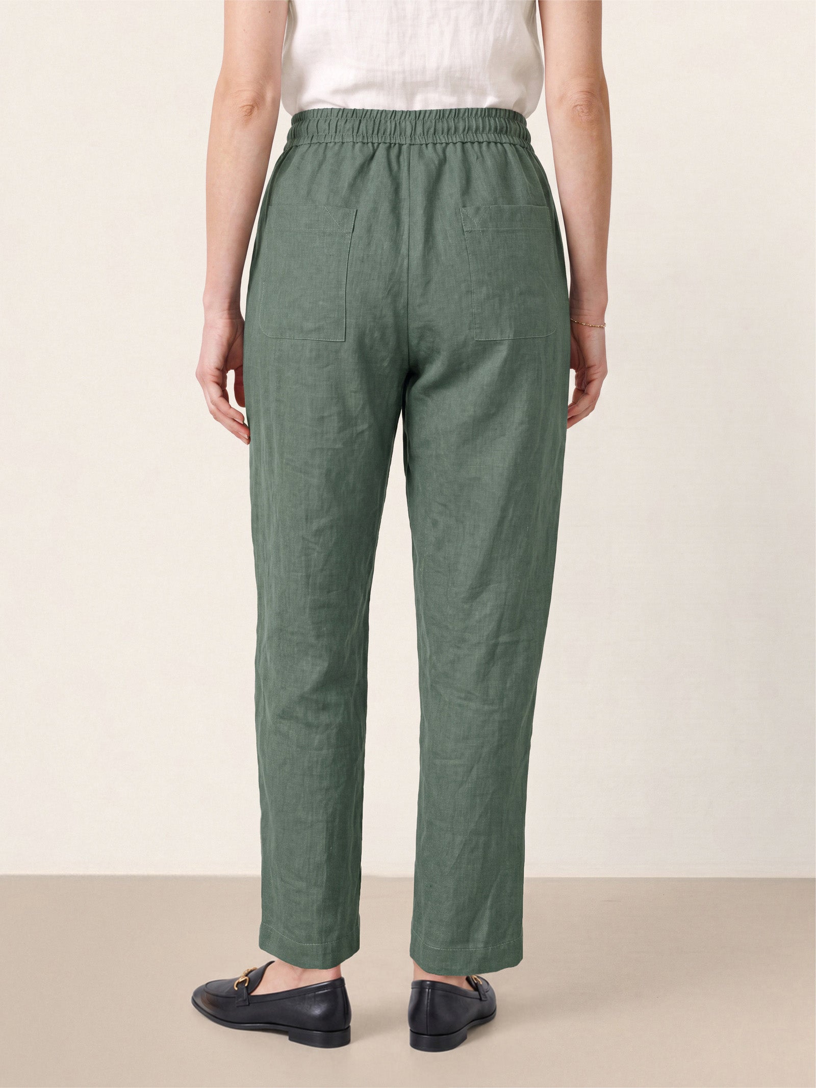 Green 100% Linen Drawstring Utility Ankle Pants AMELINE by LINTICO