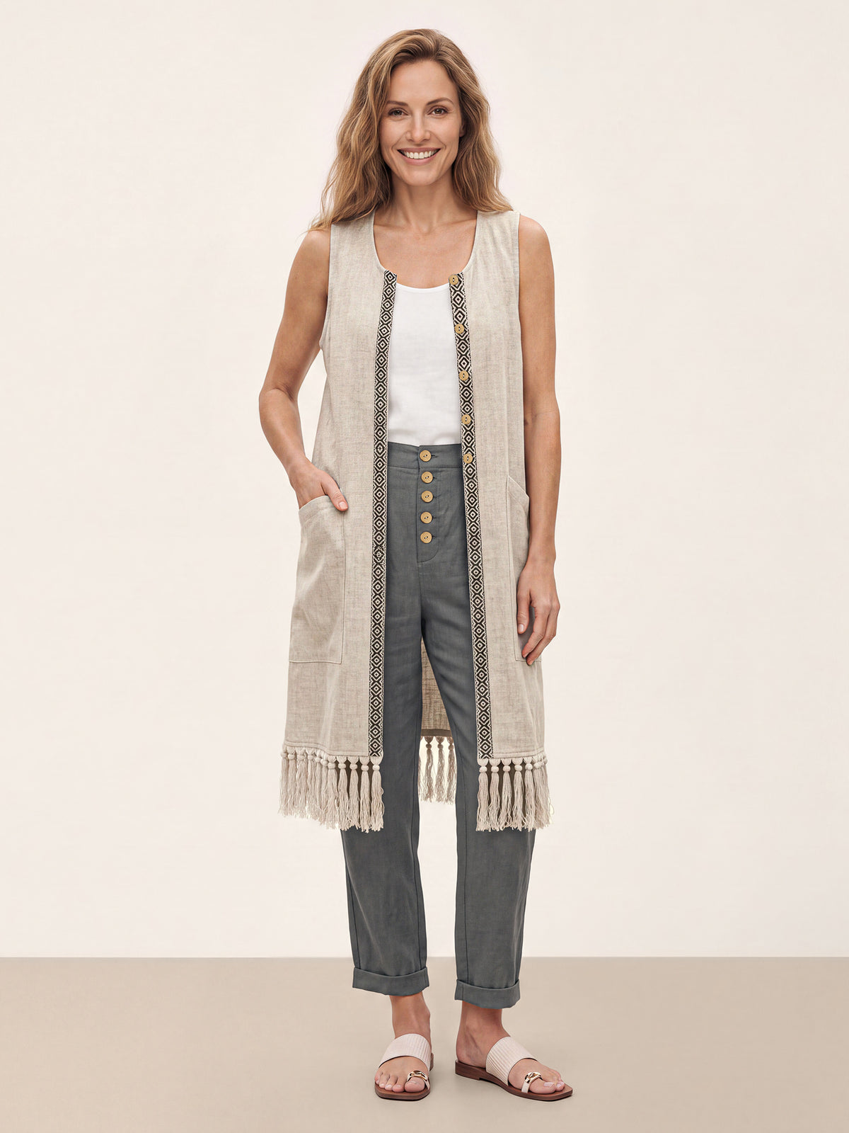 100% Linen Geometric Trim Fringe Hem Long Vest ROSALIE