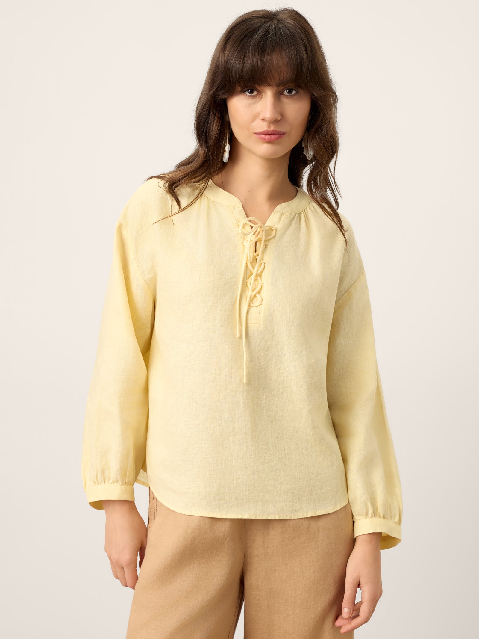 100% Linen Lace-Up Shirred Lantern Sleeve Blouse DOROTHEA by LINTICO for women