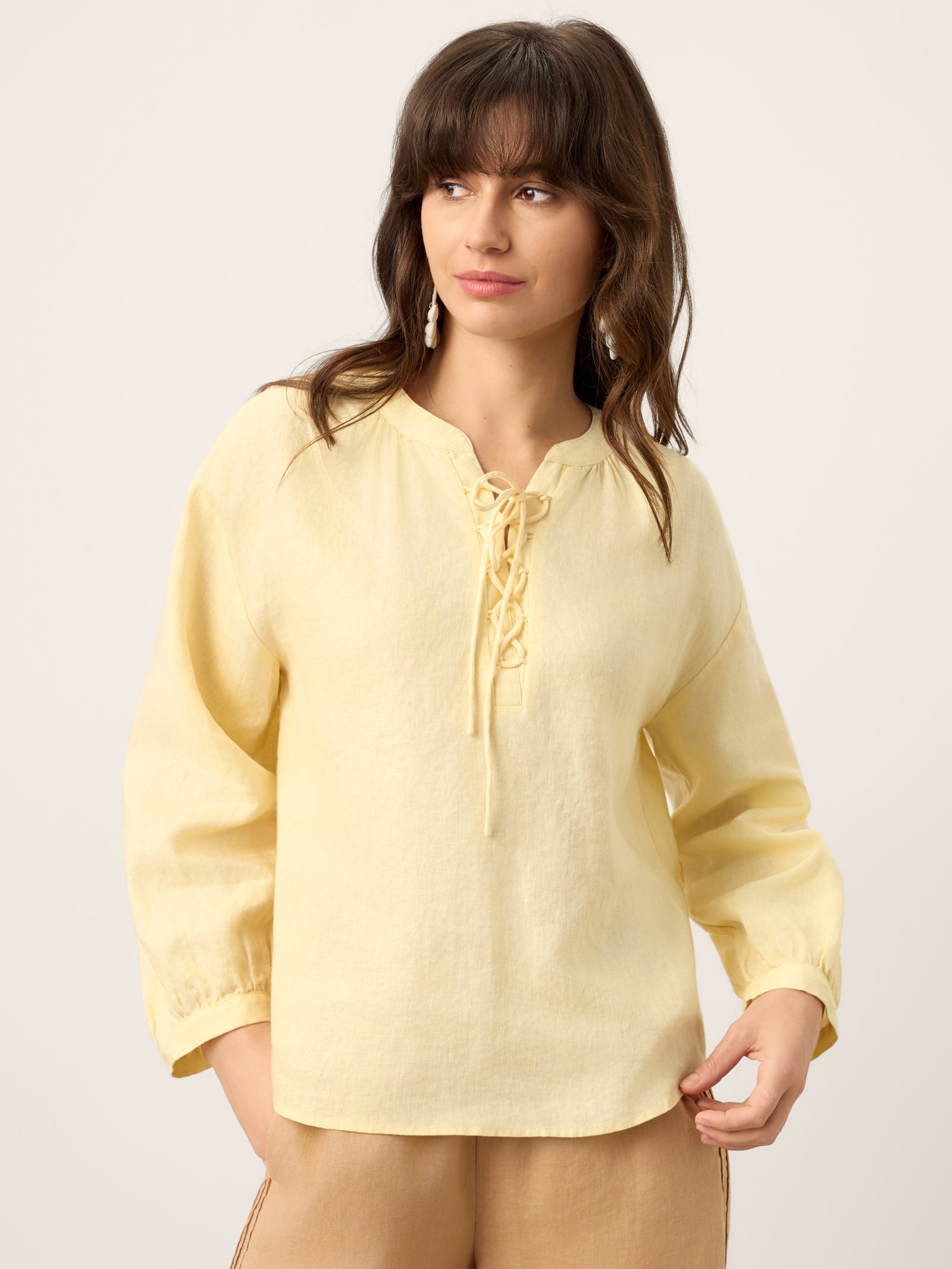 100% Linen Lace Up Shirred Lantern Sleeve Blouse DOROTHEA