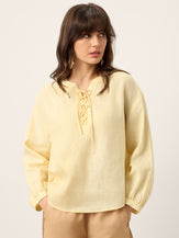 100% Linen Lace-Up Shirred Lantern Sleeve Blouse DOROTHEA by LINTICO for women