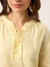 100% Linen Lace-Up Shirred Lantern Sleeve Blouse DOROTHEA by LINTICO for women