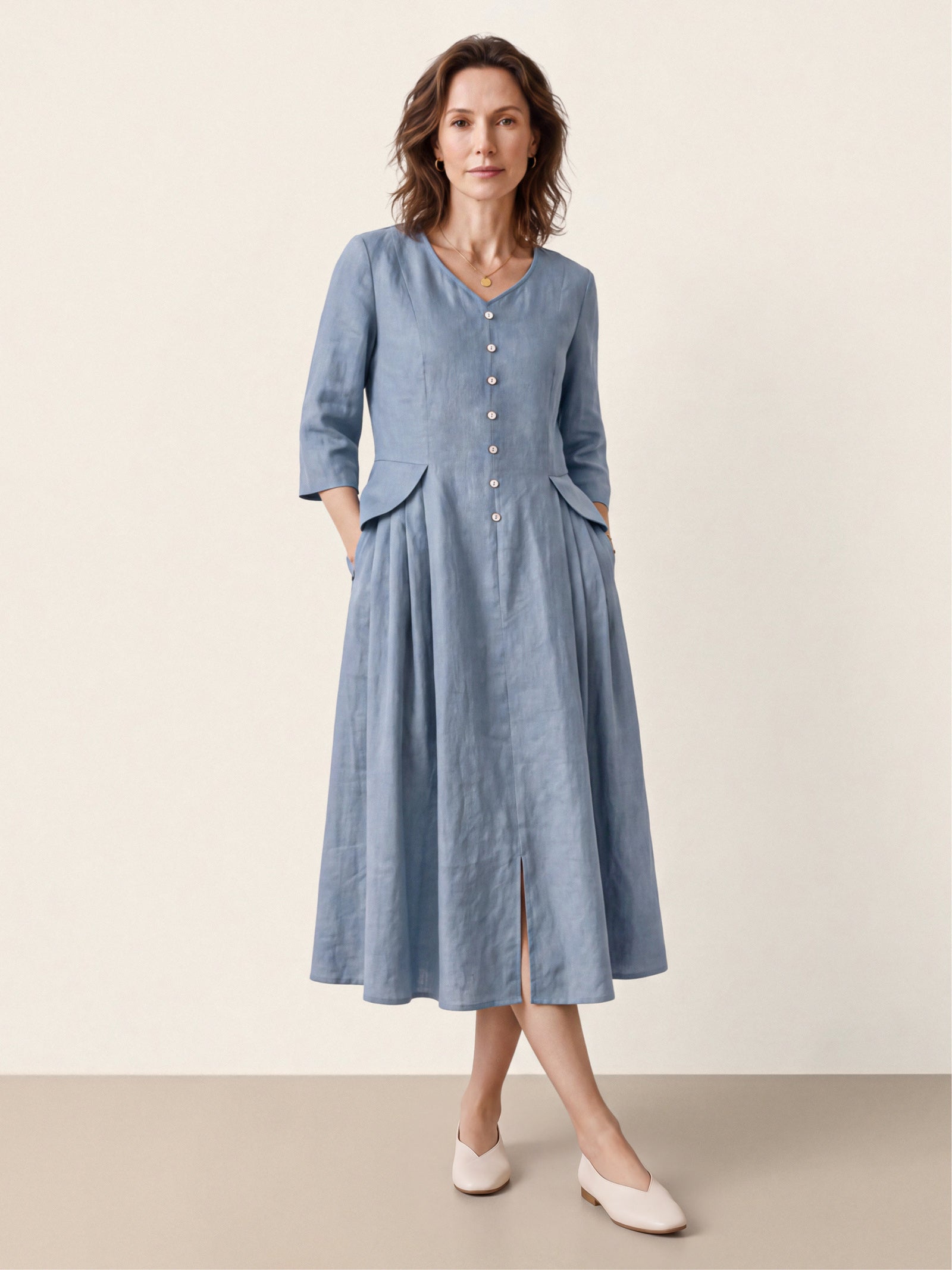 Blue 100% Linen Shell Button A Line Midi Dress ELIORA by LINTICO