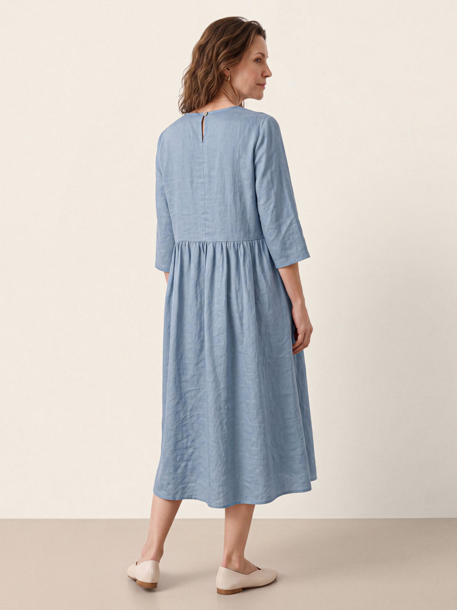 Blue 100% Linen Shell Button A Line Midi Dress ELIORA by LINTICO