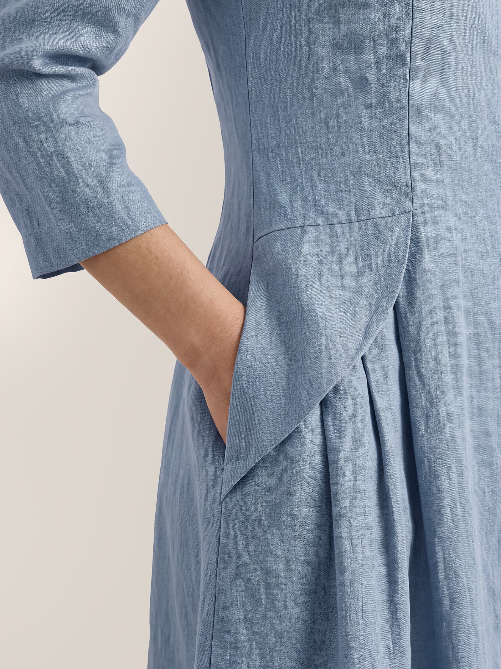 Blue 100% Linen Shell Button A Line Midi Dress ELIORA by LINTICO