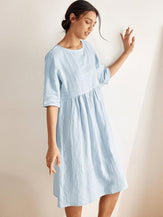 100% Linen Gingham Checked A-Line Washed Midi Dress - DRESSES-Linen