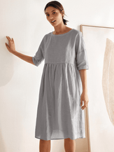 100% Linen Gingham Checked A-Line Washed Midi Dress - DRESSES-Linen