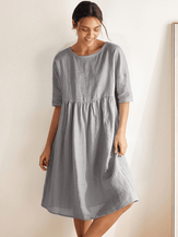 100% Linen Gingham Checked A-Line Washed Midi Dress - Neutral Grey / S - DRESSES-Linen