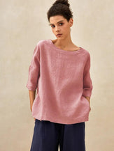 100% Linen Gingham Checked Boatneck 3/4 Length Sleeve Top - Coral Pink / S - TOPS-Linen Blouses