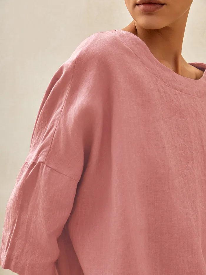 100% Linen Gingham Checked Boatneck 3/4 Length Sleeve Top - TOPS-Linen Blouses