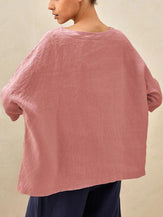 100% Linen Gingham Checked Boatneck 3/4 Length Sleeve Top - TOPS-Linen Blouses