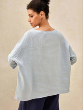 100% Linen Gingham Checked Boatneck 3/4 Length Sleeve Top - TOPS-Linen Blouses
